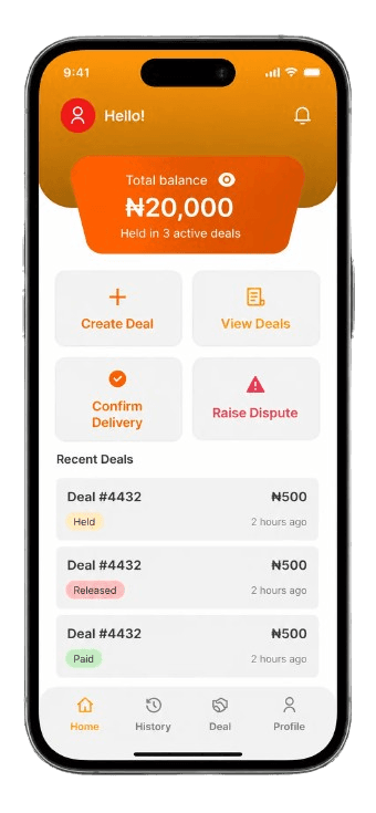 The Clario app showing active deals held in escrow